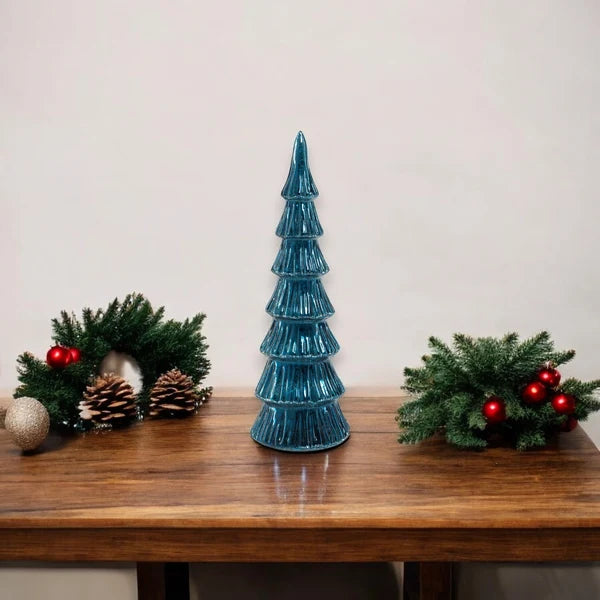 Blue LED Glass Christmas Tree - 12.5-Inch Silver Trim Decor