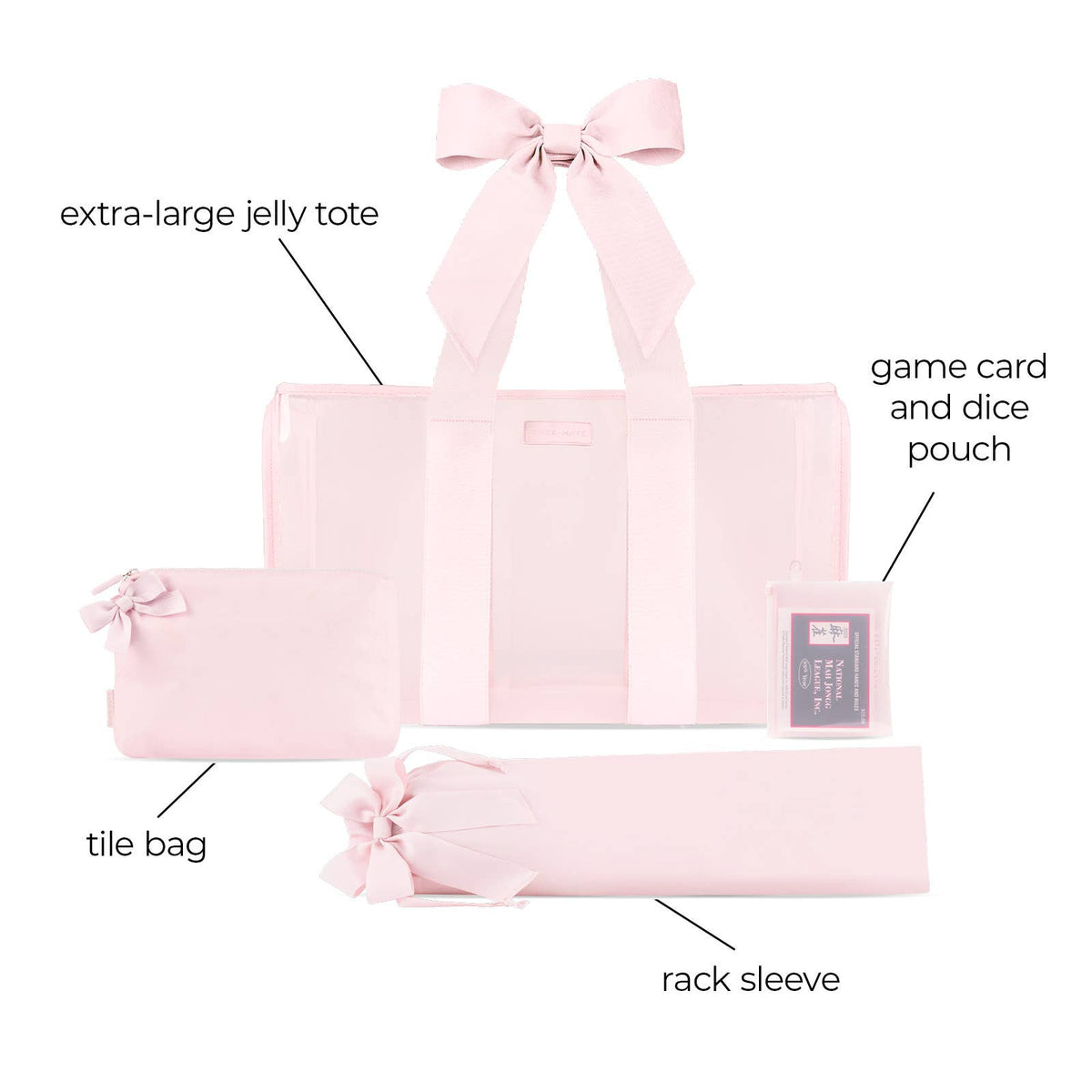 A light pink set of storage accessories on a white background with callout labels: an extra-large jelly tote with a bow, a tile bag with a small bow, a rack sleeve tied with a bow, and a game card and dice pouch.