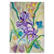 A watercolor painting of purple irises with blue flowers and green stems on a pale cream background, tea towel 
