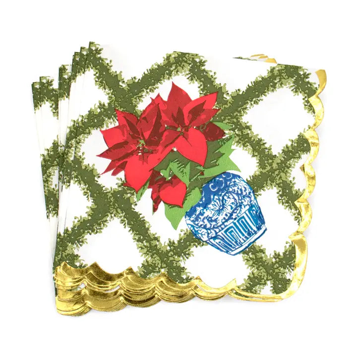 Seasonal - Napkin - Cocktail - Poinsettias with a green trellis backdrop and chinoiserie pot design.  Napkins have a gold scalloped edge. 