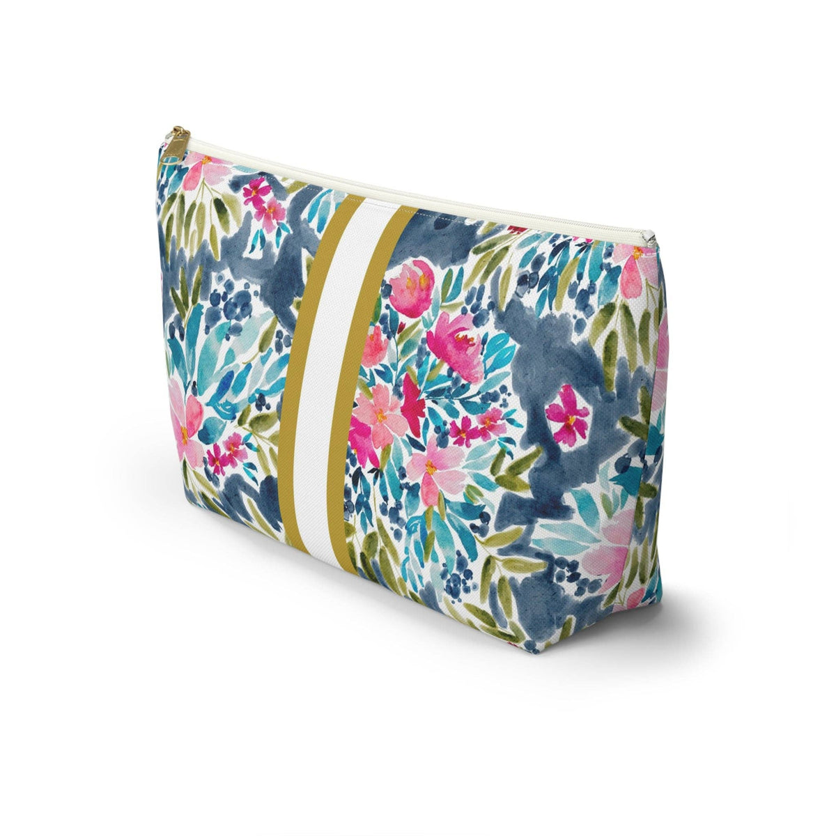A rectangular zippered pouch with a colorful floral print in pink, blue, and green, featuring a vertical white stripe with a gold center, shown on a white background.