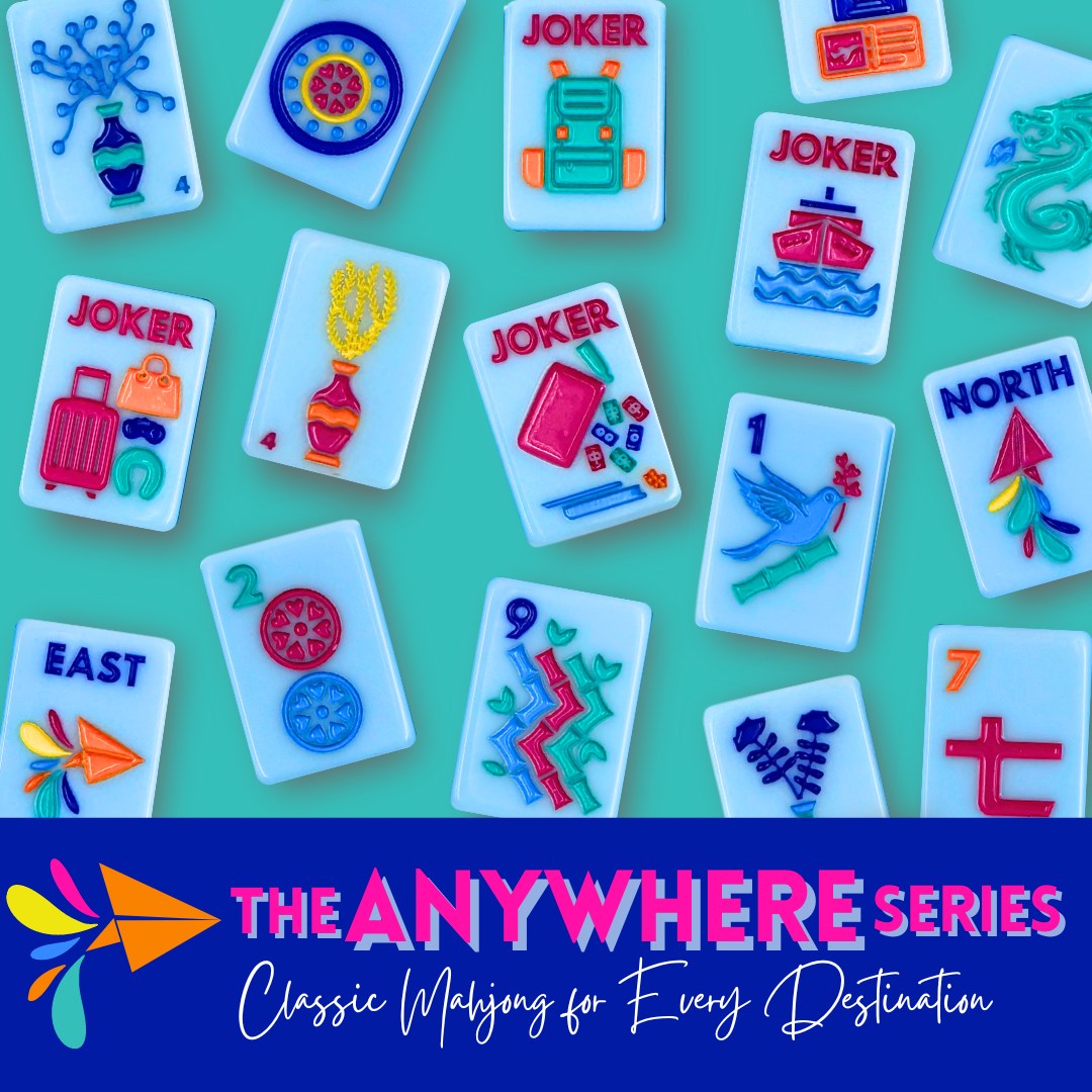Colorful Mahjong tiles with various symbols and 'The Anywhere Series' branding on a green background