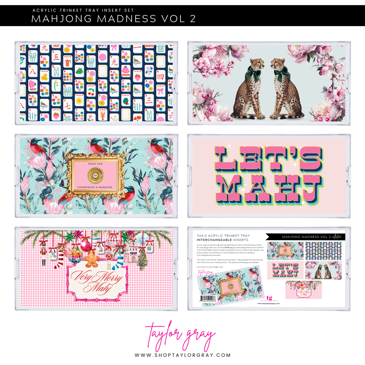 Set of acrylic trinket tray insertd with various designs and text, including 'Let's Mahj' and floral patterns, by Taylor Gray.