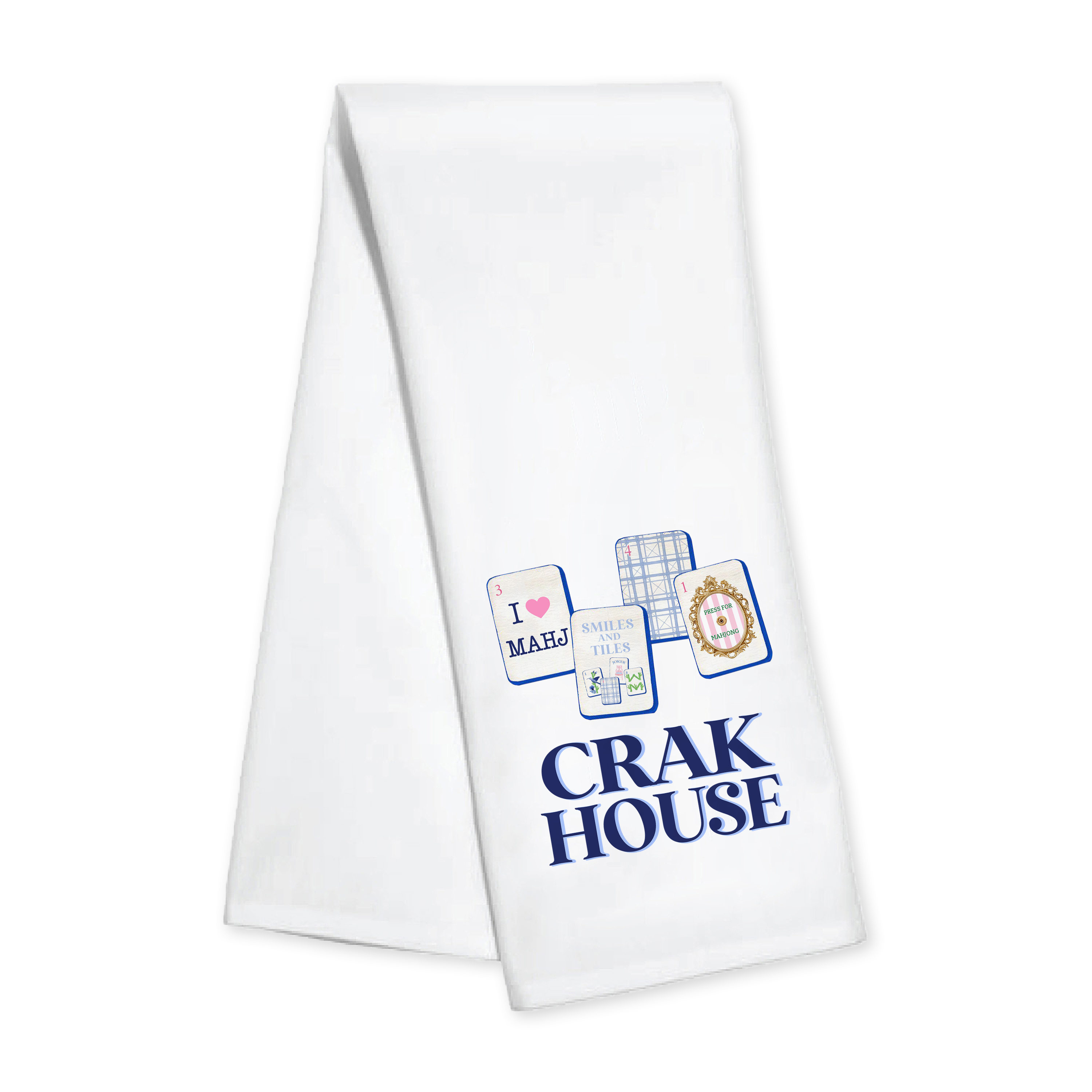 A Toss designs white kitchen towel with blue printed graphics and the text 'CRAK HOUSE' on a plain white background.ns 