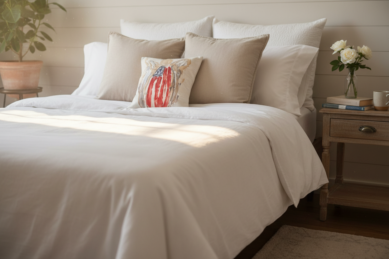 Decorative Southern Cotton Mill Brand American Angel American flag pillow on a neatly made bed with other decorative pillows and a vase of flowers in a bedroom setting.