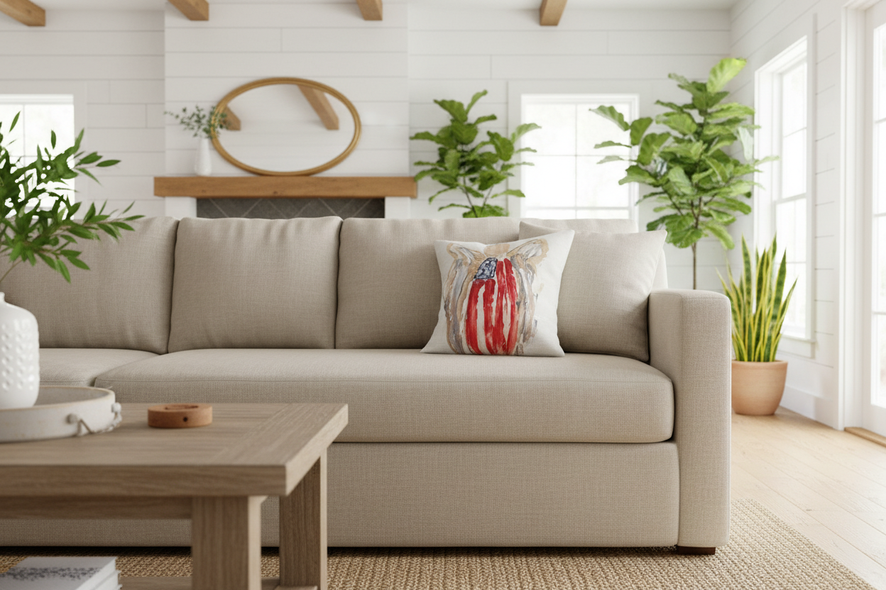 Beige sectional sofa with decorative Southern Cotton Mill Brand American Angel American flag pillow in a bright living room with plants and wooden coffee table.
