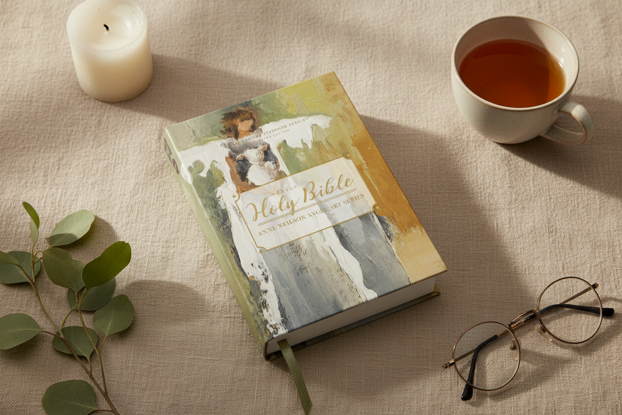 Anne Neilson Angel Art Bible on a linen tablecloth with glasses, a candle and cup of tea 