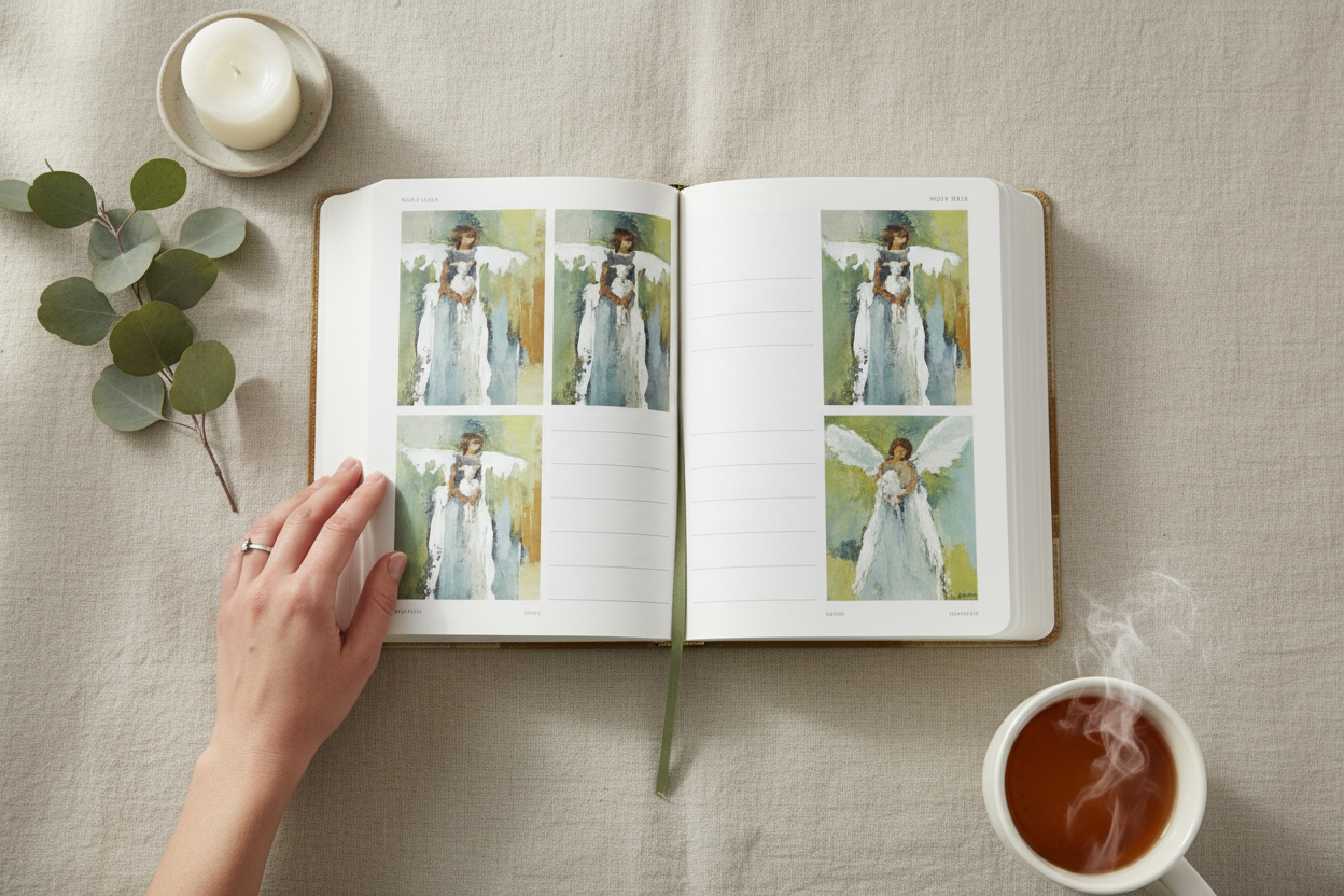 Anne Neilson Angel Art Bible Open on a linen tablecloth with candle and cup of tea.