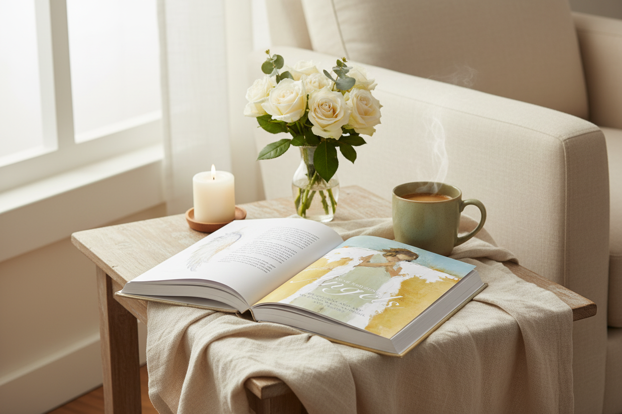 Anne Neilson's Angels  BOOK ON A TABLE WITH FLOWERS , CHAIR AND WINDOW IN BACKGROUND