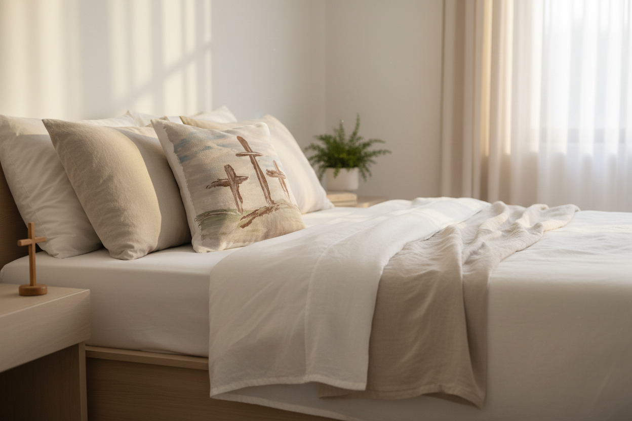 Decorative Southern Cotton Mill brand Calvary Pillow with 3 handpainted crosses   on  a  natural covered bed and an neutral bedroom with windowbackground