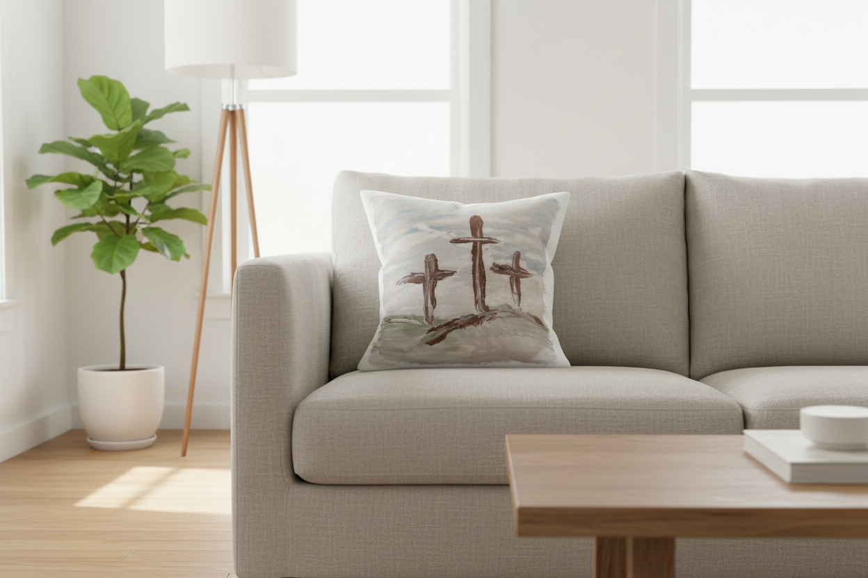 Decorative Southern Cotton Mill brand Calvary Pillow with 3 handpainted crosses  on a neutal sofa in a Living Room with plant and windows