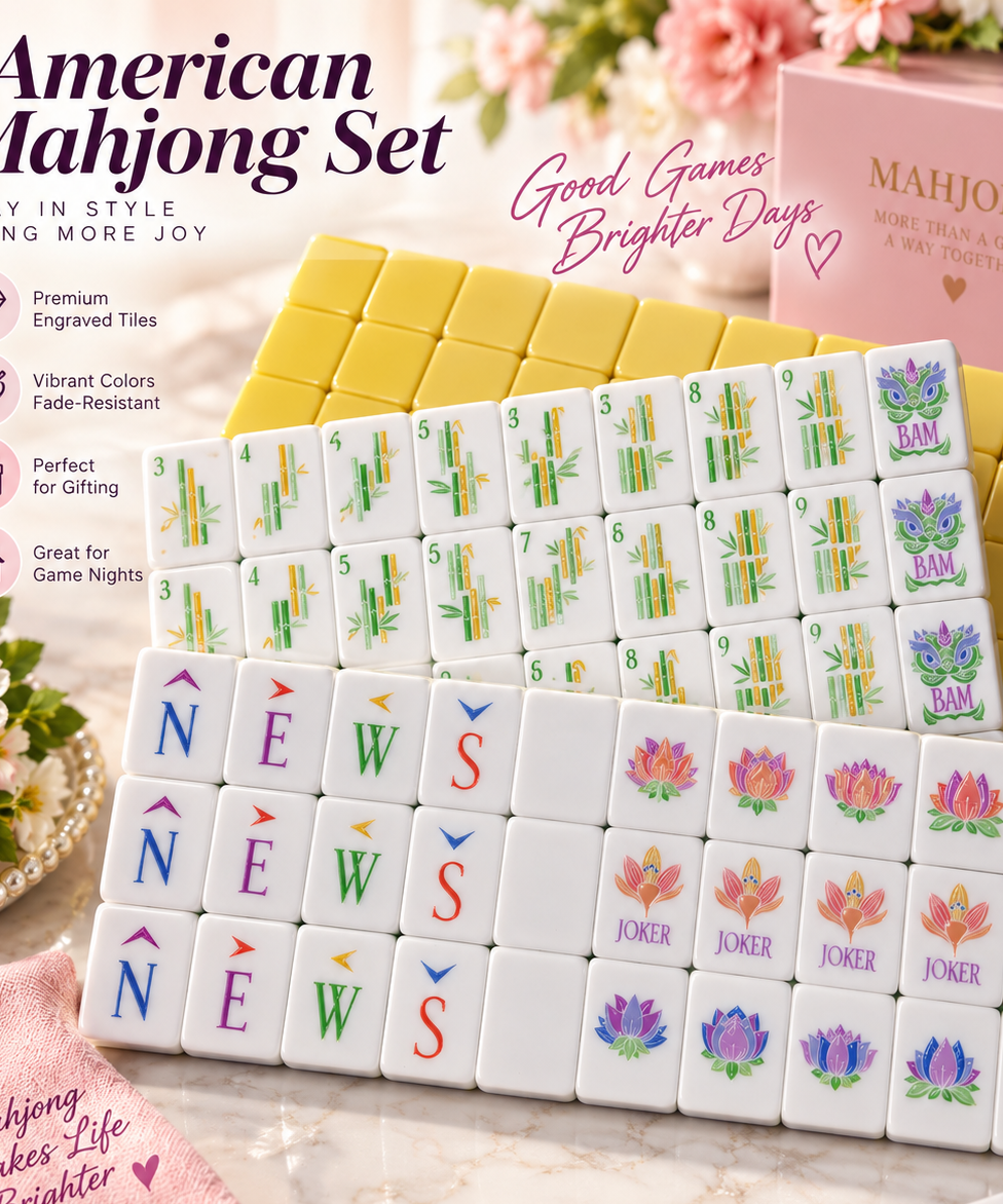 American Mahjong Set displayed on a marble surface with decorative flowers and pink accents. The set includes white tiles with colorful Chinese characters and symbols, a yellow back, and a pink storage box.
