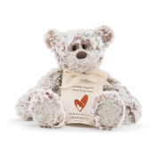 Plush teddy bear with a heart-shaped tag on a white background