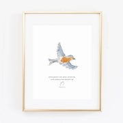 Framed artwork with a bird illustration and text on a white background