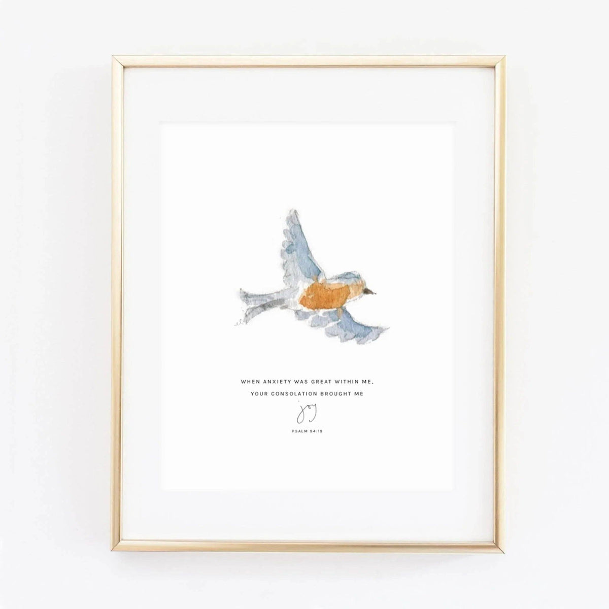 Framed artwork with a bird illustration and text on a white background
