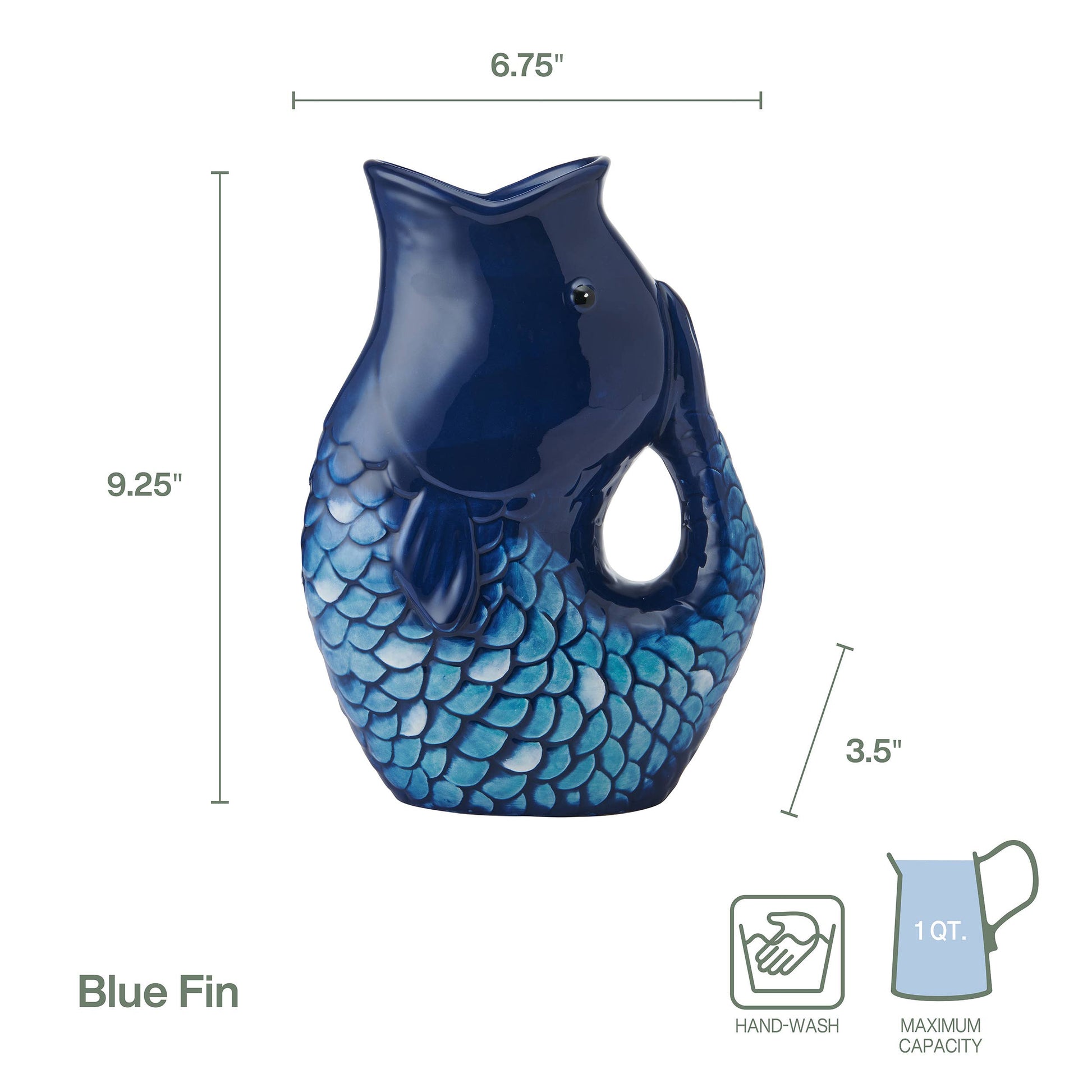 A Fitz and Floyd  brand ceramic fish-shaped pitcher in shades of blue and navy with a scale pattern, shown with dimension lines indicating height, width, and depth, plus a small hand-wash icon and capacity note on a white background.