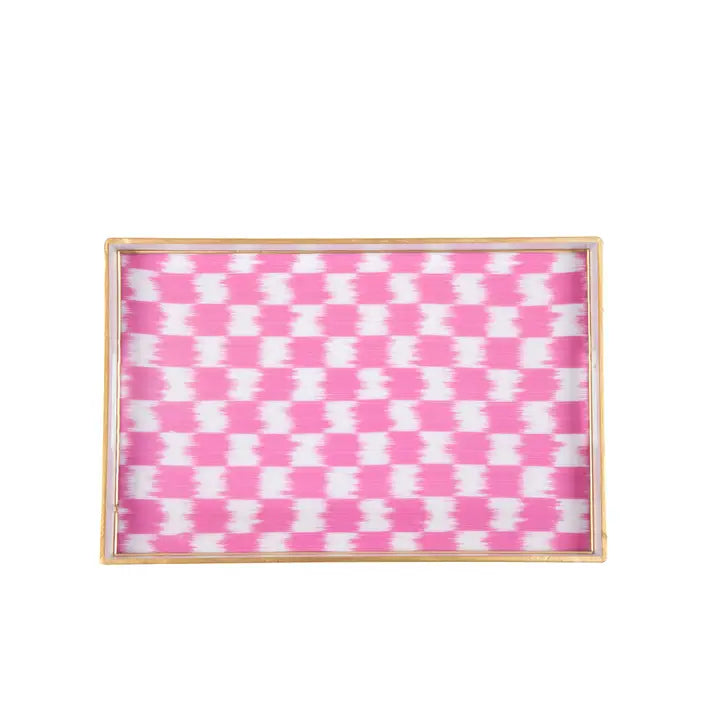 Checkered pink and white tray with a wooden frame on a white background