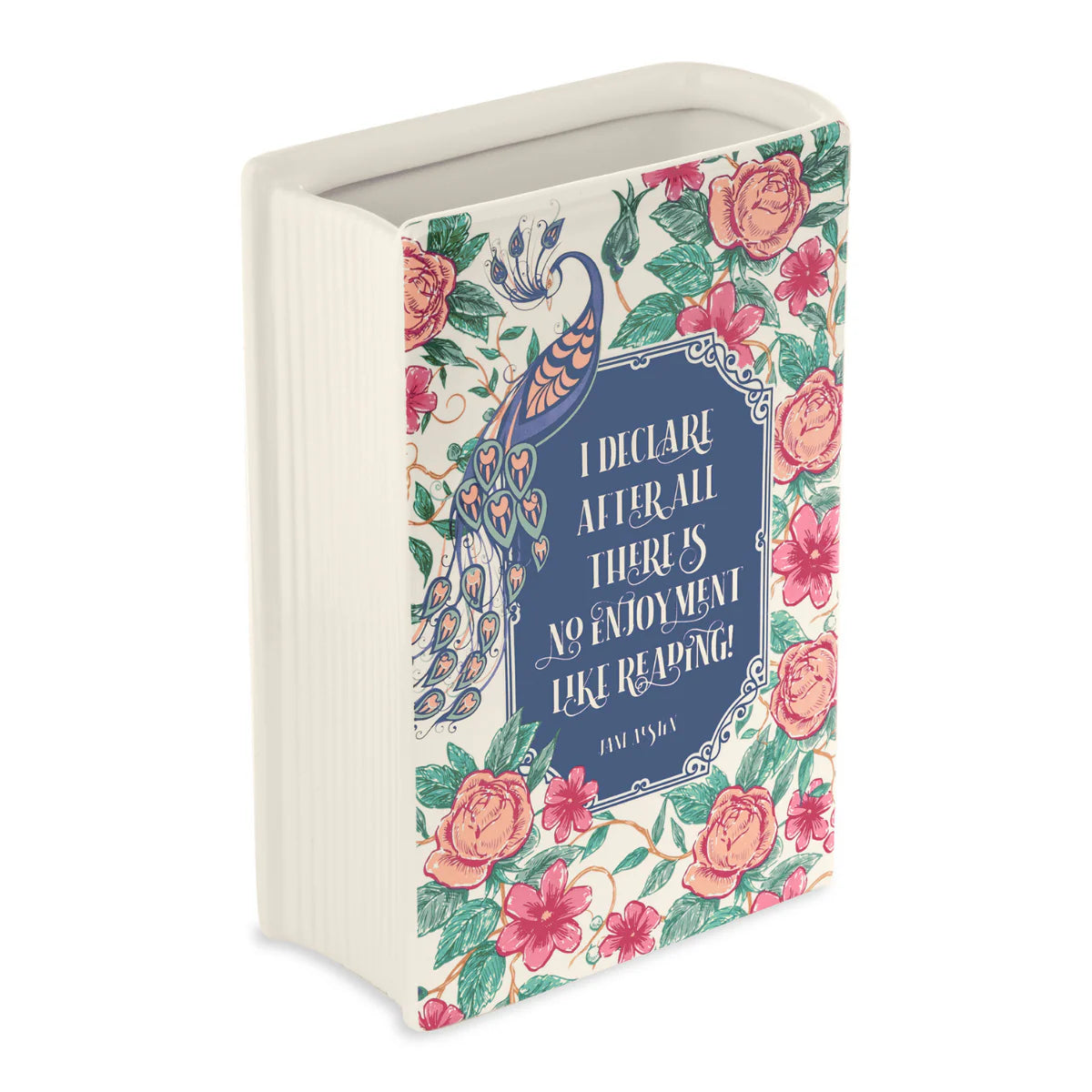 Decorative book-shaped flower vase with floral design and quote on a white background