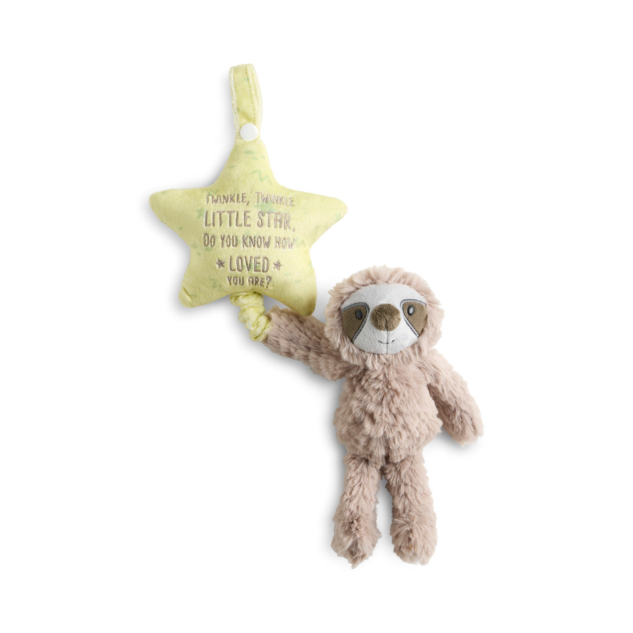 Plush sloth toy holding a star-shaped sign on a white background