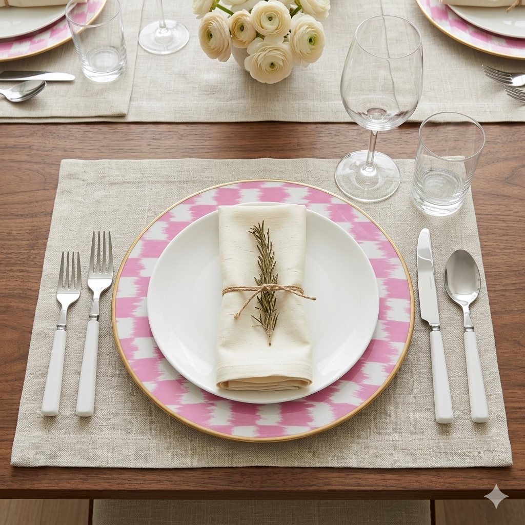 Dining table setting with pink and white patterned plates, silverware, and a napkin with a rosemary sprig.