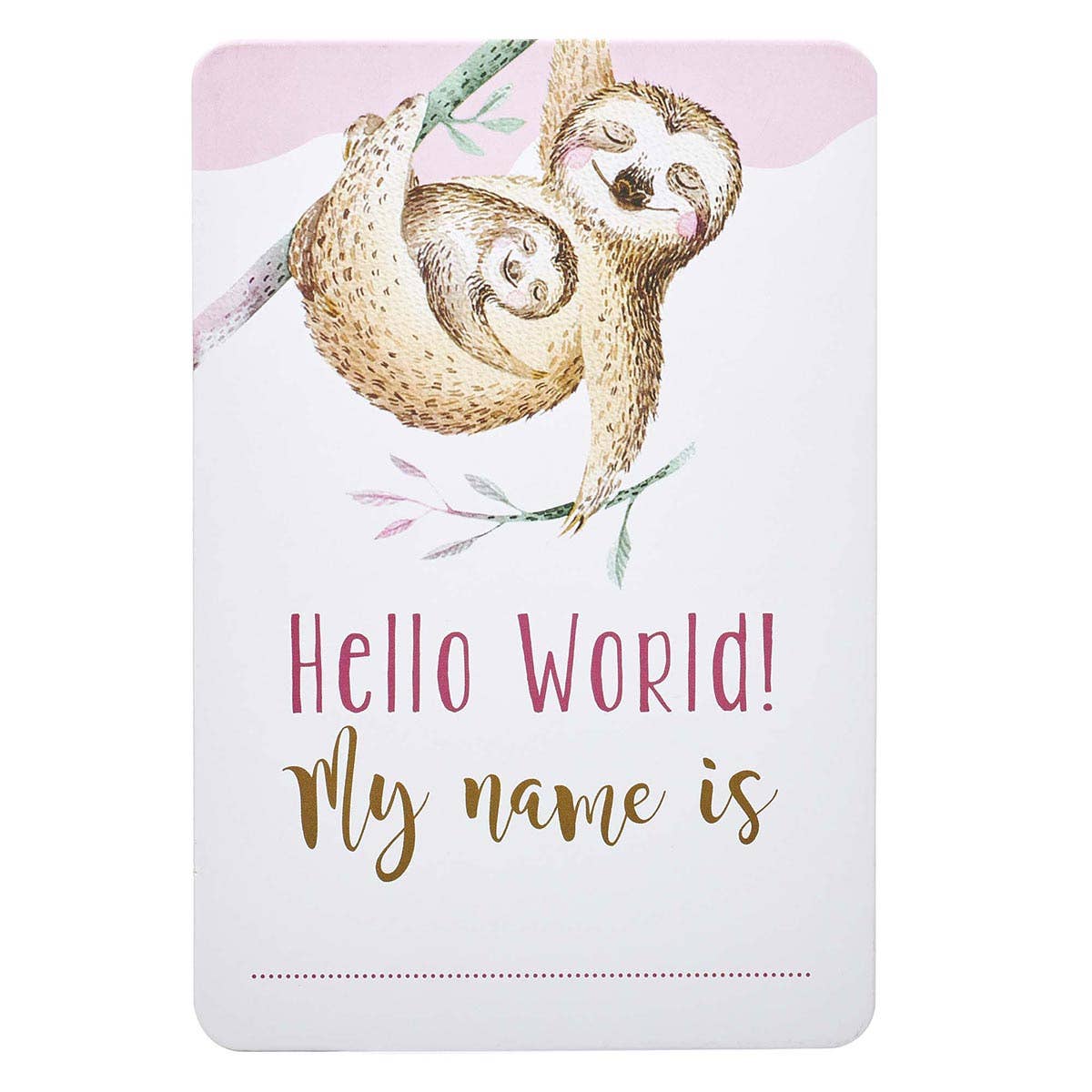 milestone card with sloths and 'Hello World! My name is' text on a white background