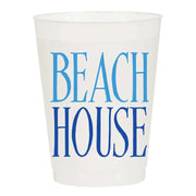 White froted plastic cup with blue 'BEACH HOUSE' text on a white background