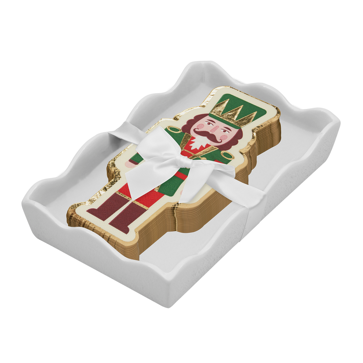 White Ceramic Guest Towel Tray with Nutcracker Christmas Napkins