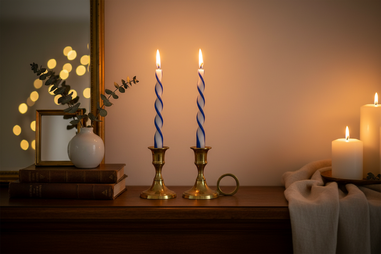 Blue and White Spiral Taper Candles in brass candle holders on a wood table with pillar candles , stacked books, a vase of eucalyptus and a mirror