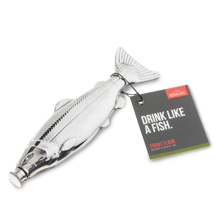 Stainless steel fish flask on white background with tag