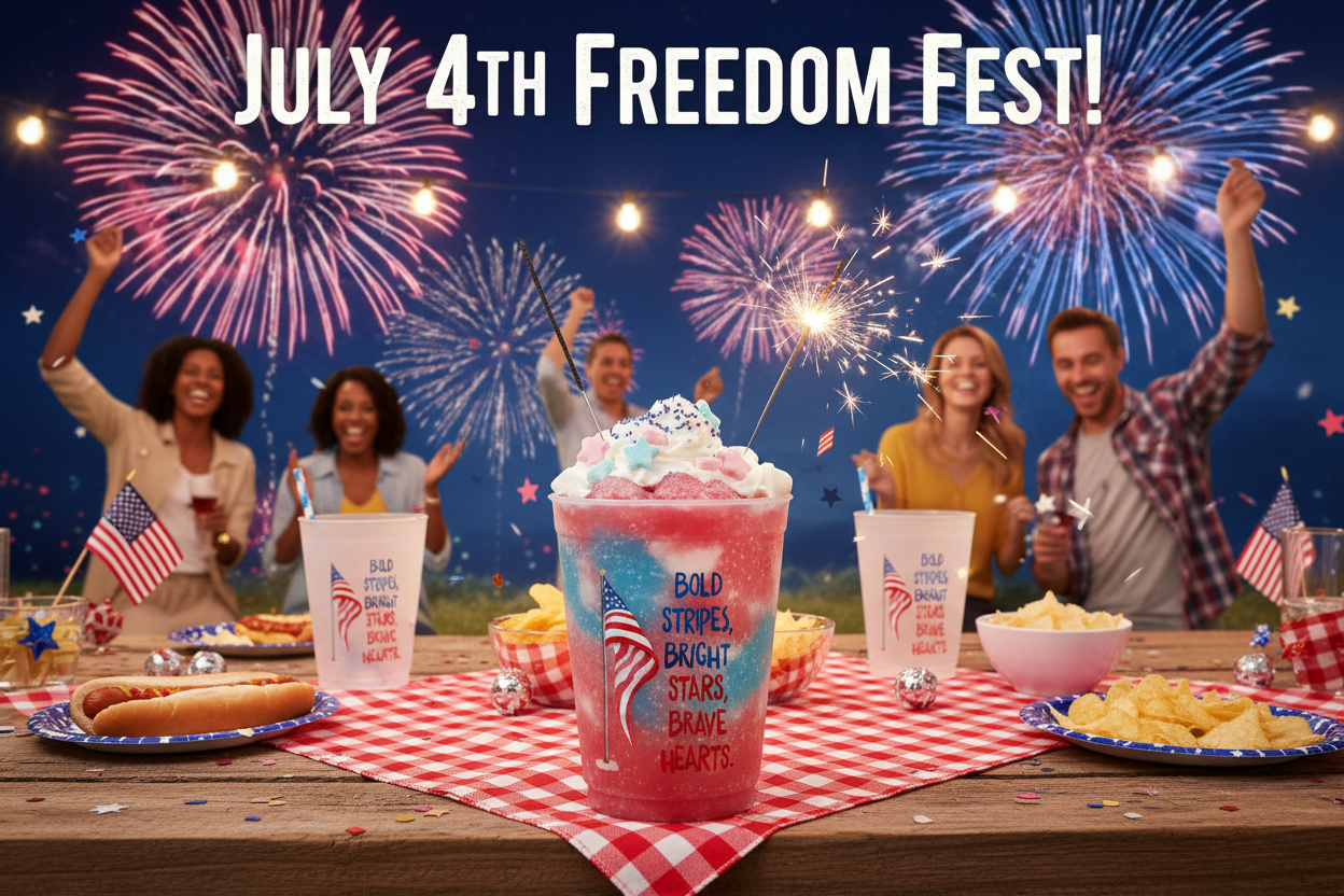 BPlastic cup with words Bold Stripes Bright Stars Brave Hearts – on a table with people at a  4th of July Party