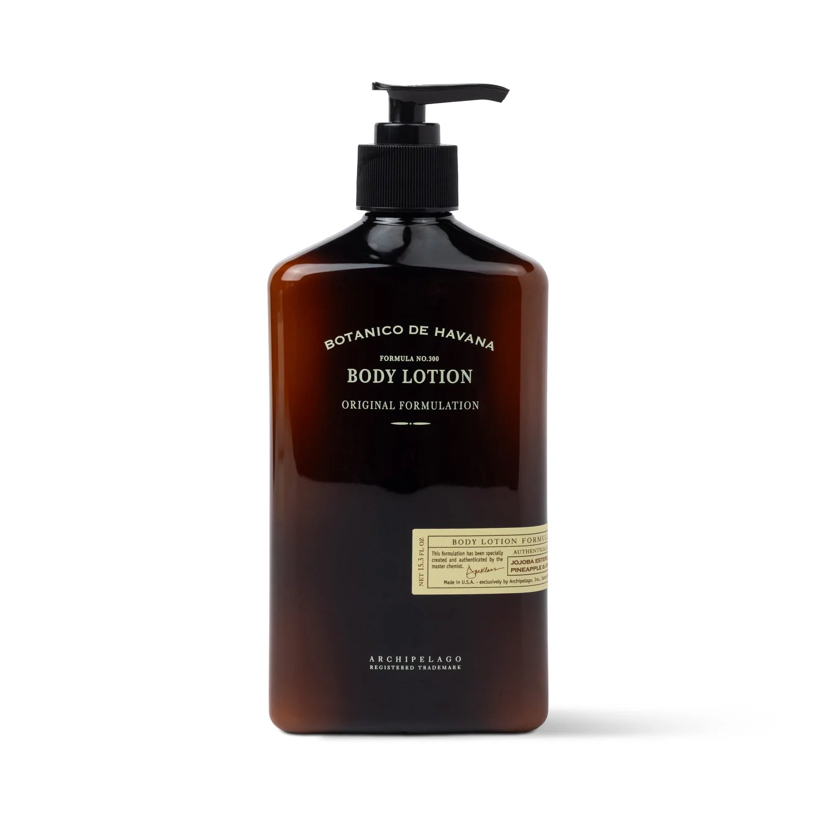 Brown body lotion bottle with pump and visible label on a white background