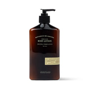 Brown body lotion bottle with pump and visible label on a white background