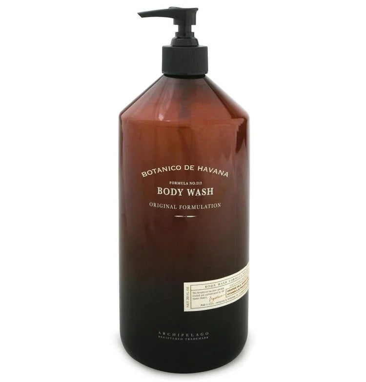 Botanico Body Wash 30.2 oz | Archipelago Brown body wash bottle with pump labeled 'Botanico de Havana' on a white background
