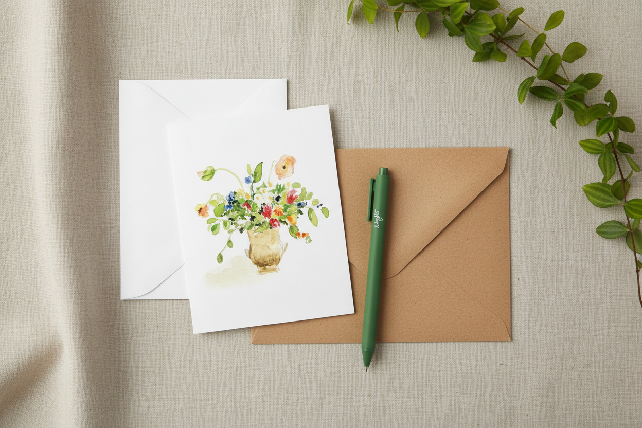 Bouquet Notecard Lifestyle - Emily Lex - on a tan background 
