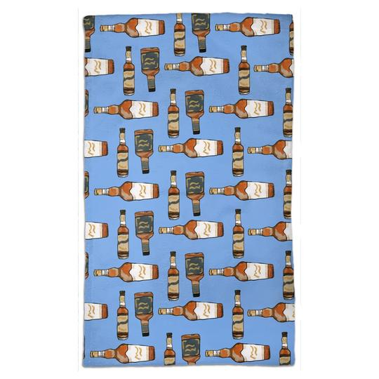 Tea Towel - Bourbon - Microfiber- picture is of the blue tea towel with bottles of bourbon on it  on a white background 