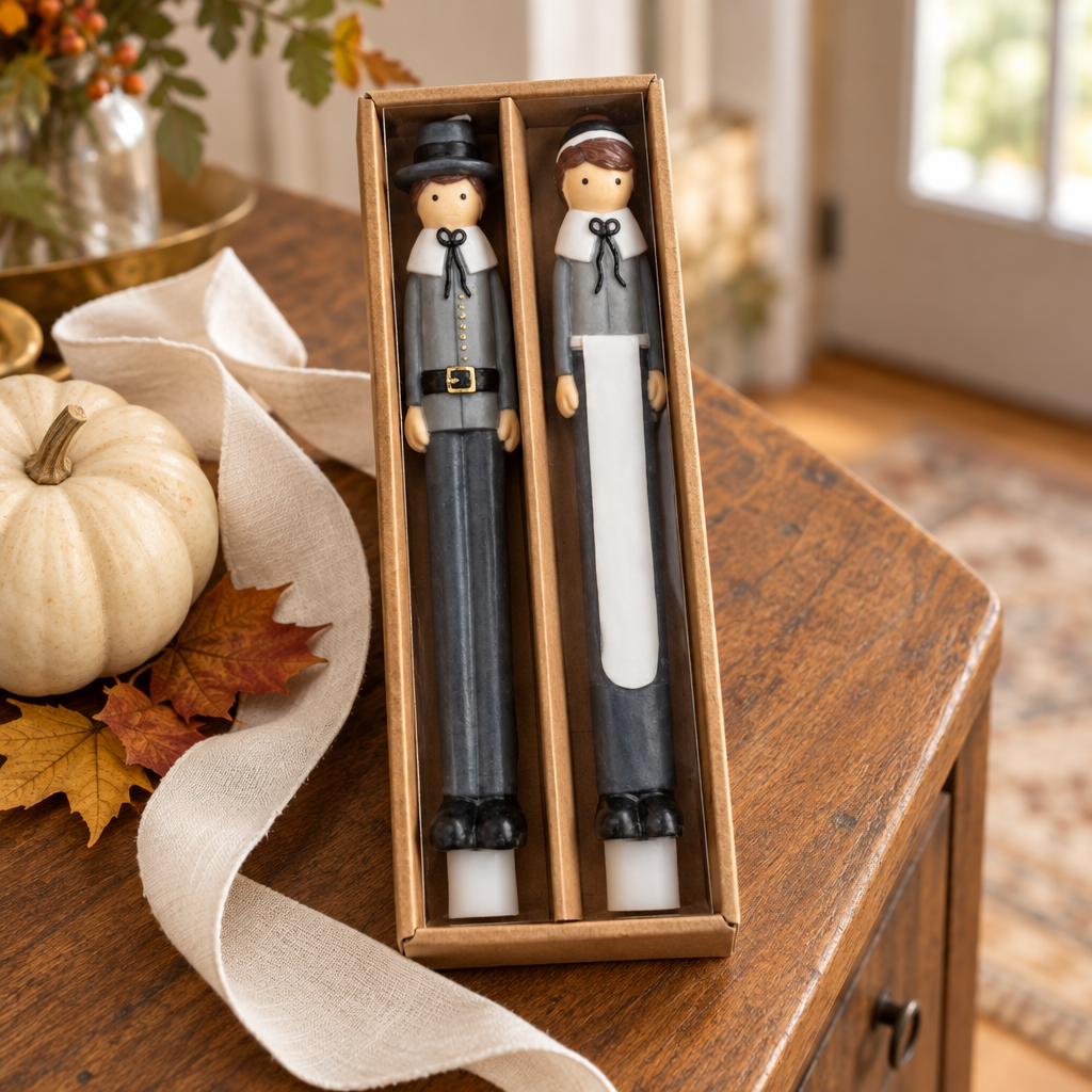 Boxed pilgrim candles styled as a Thanksgiving hostess gift