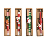 Four Christmas-themed novelty 10" flameless taper candles in individual brown cardboard gift boxes, featuring Santa Claus, a snowman, a reindeer, and a red-and-white striped design.
