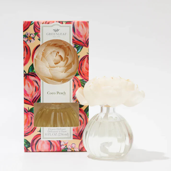 Greenleaf Coco Peach diffuser packaging with a white rose in a clear vase on a white background