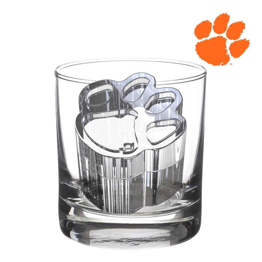 Clear glass with paw print design on a white background with orange paw print logo.