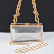 Clear acrylic case clutch with gold chain strap and knotted rope handle detail, front view on dark background showing structured transparent box shape