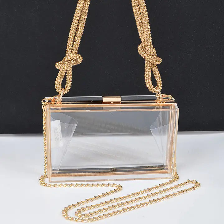 Clear acrylic case clutch with gold chain strap and knotted rope handle detail, front view on dark background showing structured transparent box shape