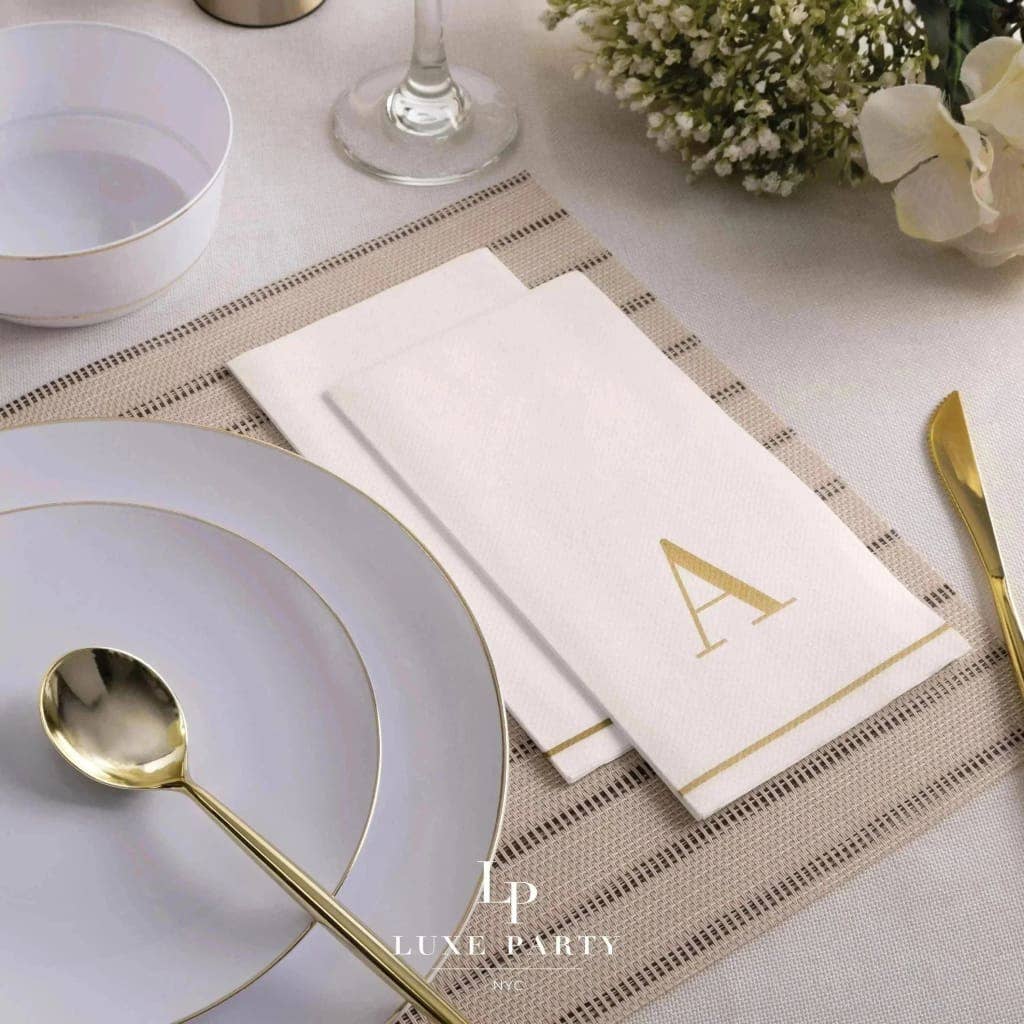Letter A White and Gold Monogram Paper Disposable Dinner Napkins | 14 Napkins