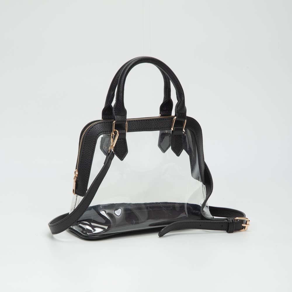 Clear  handbag with black trim and handle on a white background
