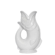 The Original Gluggle Jug Factory white ceramic fish-shaped pitcher large size front view with baby fish detail at base on white background