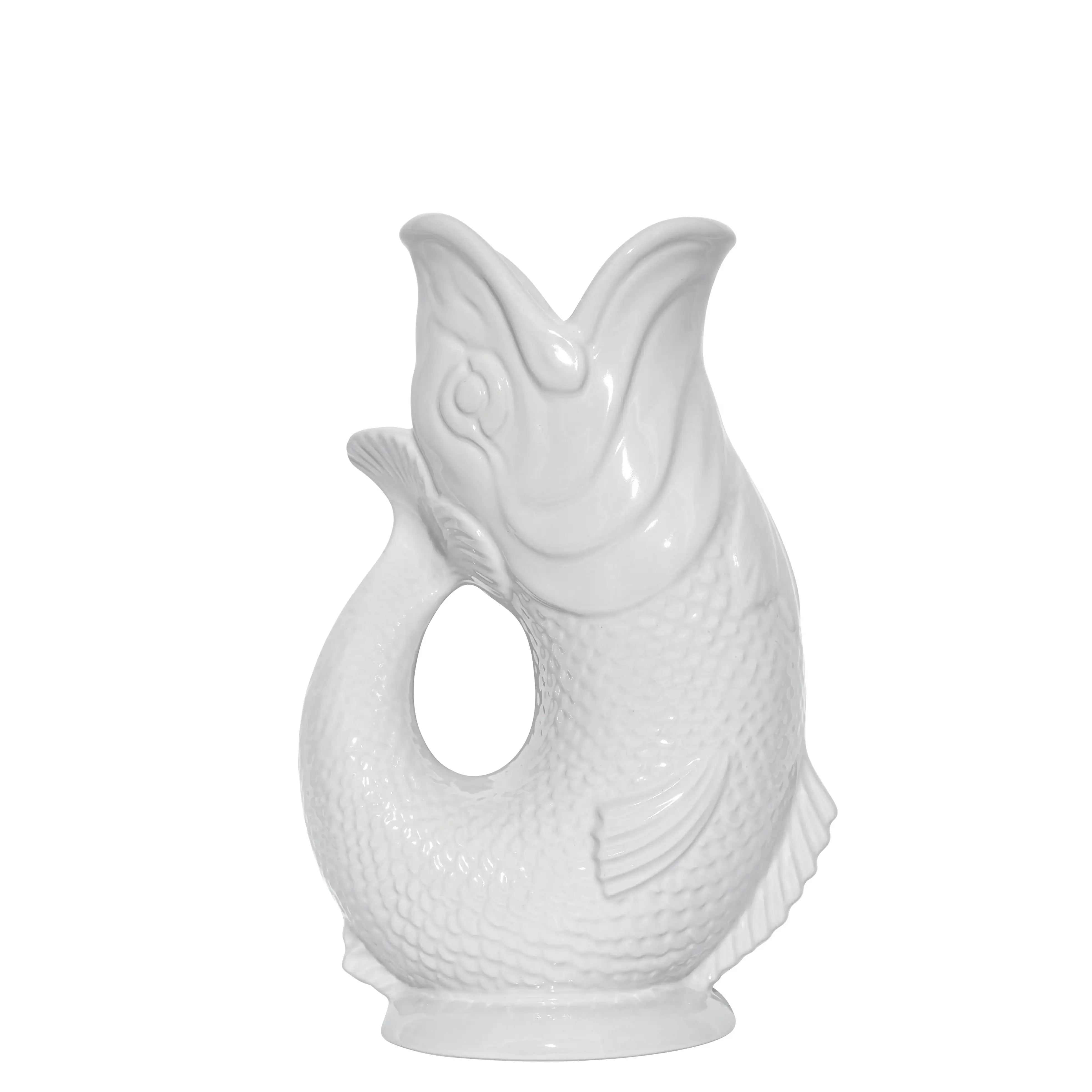 The Original Gluggle Jug Factory white ceramic fish-shaped pitcher large size front view with baby fish detail at base on white background