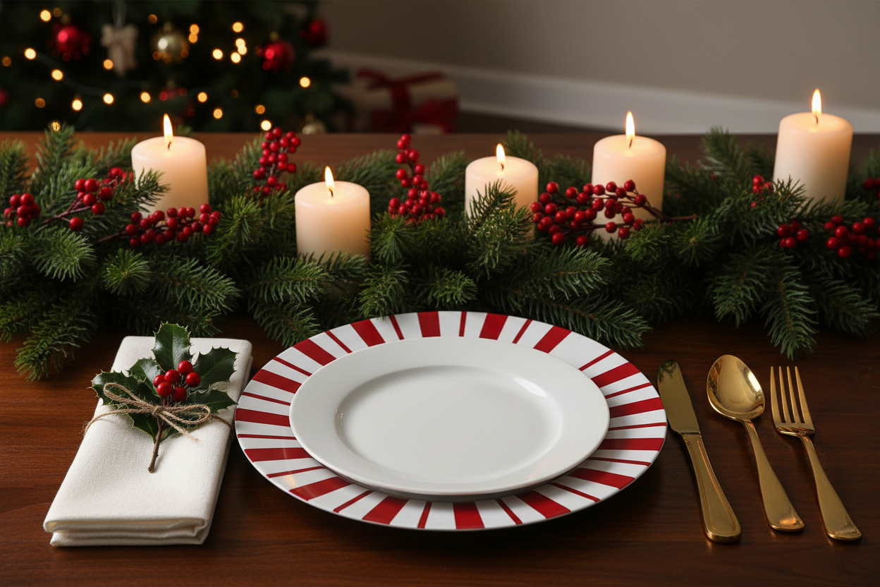 Candy Cane Stripe Charger Plate | 13-Inch by The Royal Standard Christmas Table Decor Candy Cane Charger - Christmas Lifestyle photo 