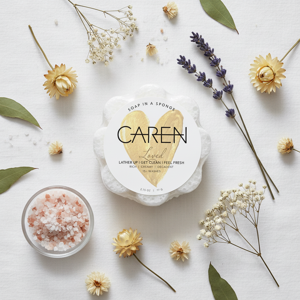Caren Loved Shower Sponge – Flat Lay Lifestyle