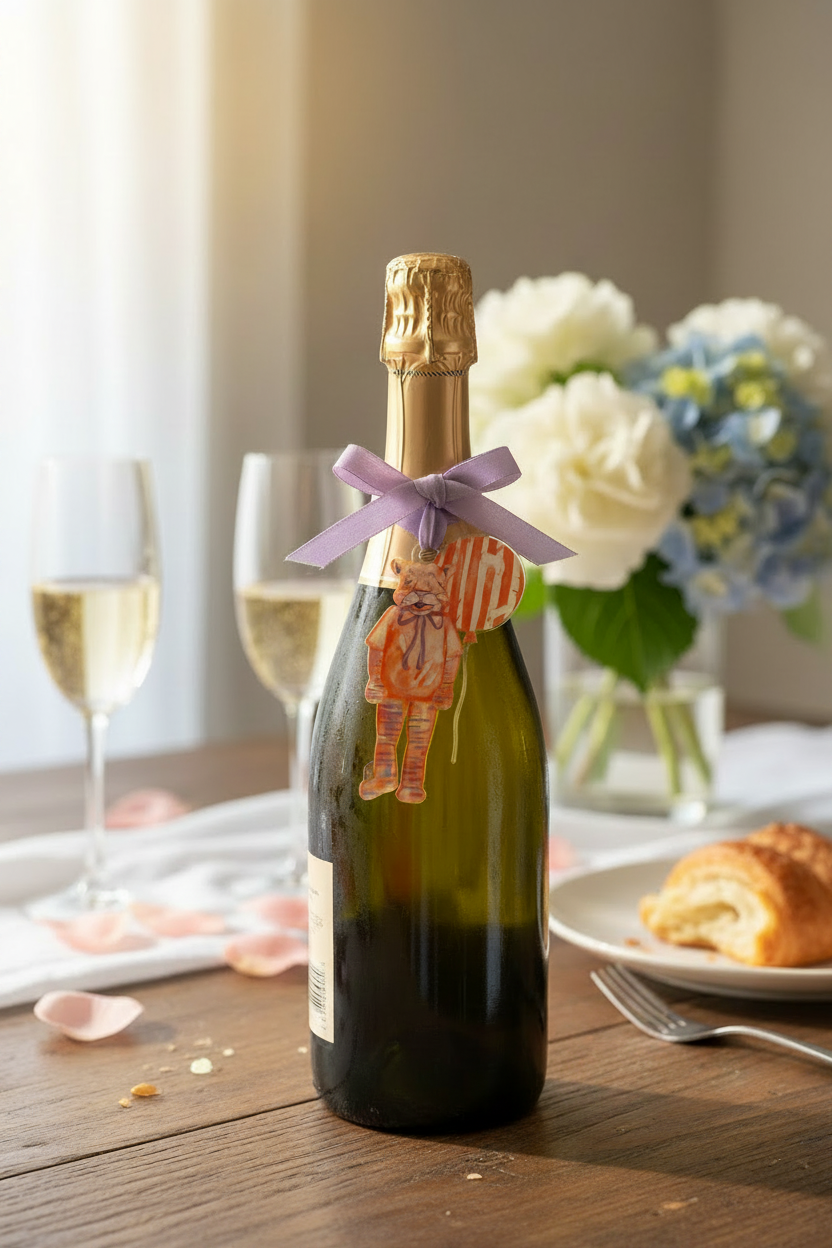 Clemson Tiger Acrlyic Charm - True to Size on Champagne Bottle tied with lavender ribbon.
