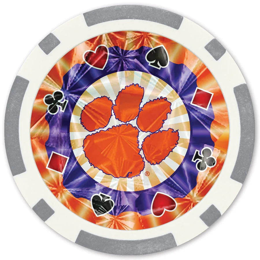 Poker chip with Clemson University logo and card suits on a colorful background