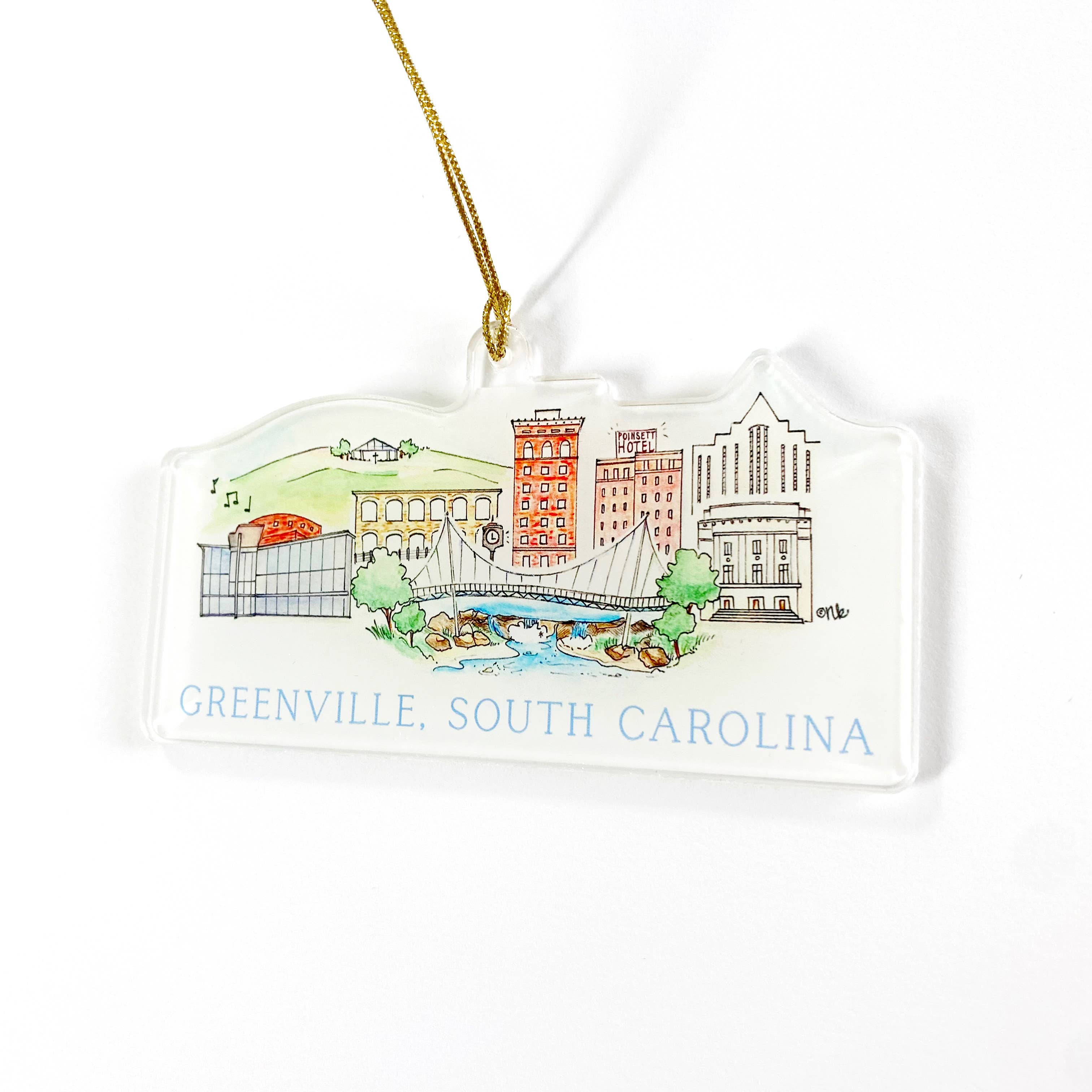 Greenville South Carolina Hand-Illustrated Acrylic Christmas Ornament - Keepsake Holiday Gift
